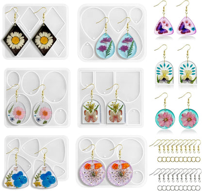Roxjaejae 46 PCS Resin Earring Molds Silicone Kit, Resin Jewelry Making Kit with Built-in Holes for Earrings, Necklace, Pendants, Keychains