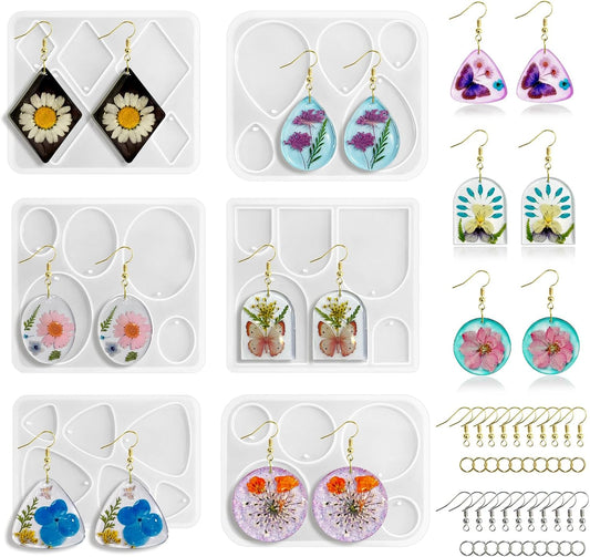 Roxjaejae 46 PCS Resin Earring Molds Silicone Kit, Resin Jewelry Making Kit with Built-in Holes for Earrings, Necklace, Pendants, Keychains