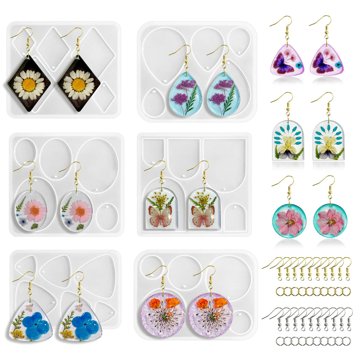 Roxjaejae 46 PCS Resin Earring Molds Silicone Kit, Resin Jewelry Making Kit with Built-in Holes for Earrings, Necklace, Pendants, Keychains