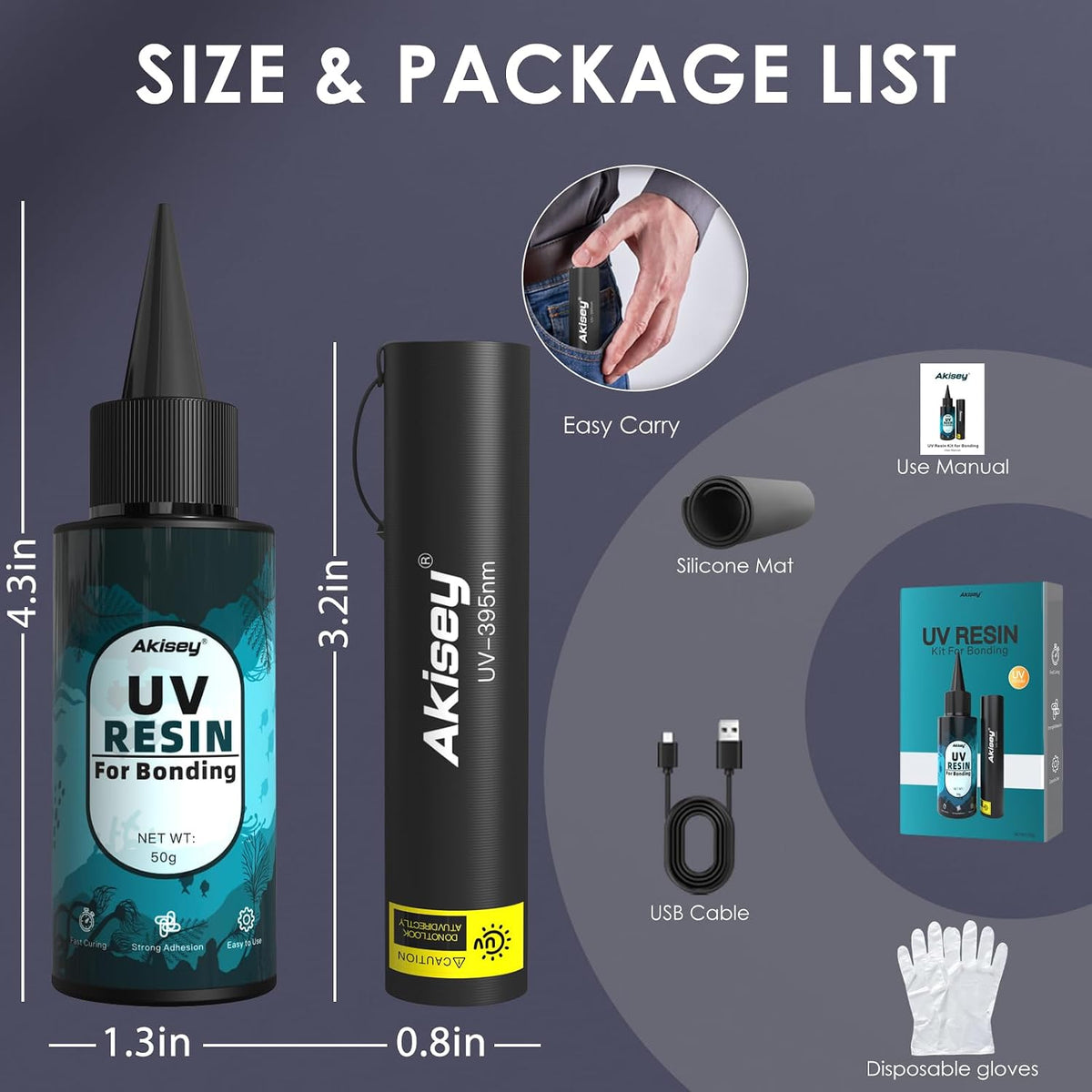 Akisey 50g UV Resin Kit with Light for Bonding & Fast Curing in Seconds