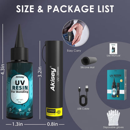 Akisey 50g UV Resin Kit with Light for Bonding & Fast Curing in Seconds