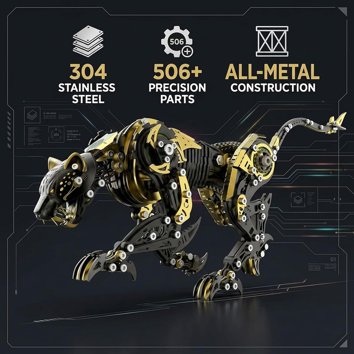3D Metal Puzzle for Adults, 506Pcs Mechanical Leopard Model Kit (BlackGold)