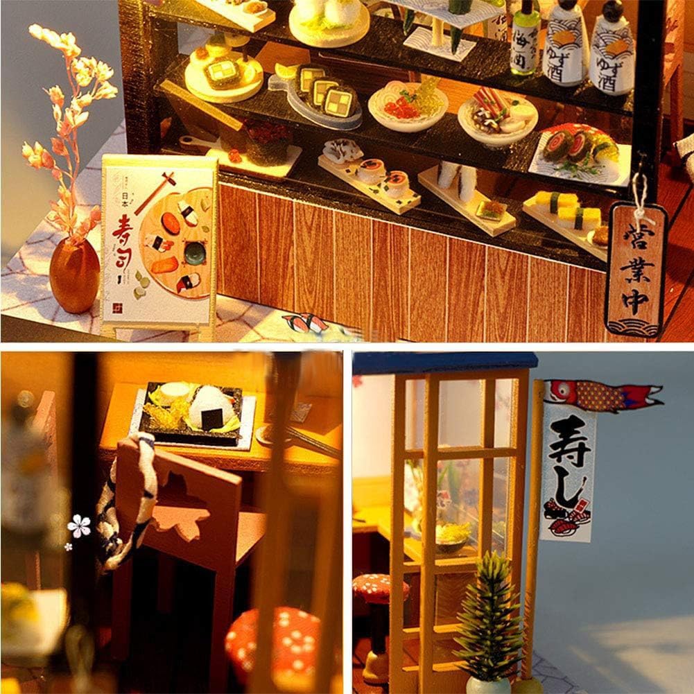 DIY Miniature House Kit with LED Light Japanese Style Sushi Shop Wooden Dollhouse Mini House kit Ideal Gifts for Birthday