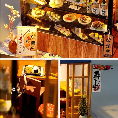 DIY Miniature House Kit with LED Light Japanese Style Sushi Shop Wooden Dollhouse Mini House kit Ideal Gifts for Birthday