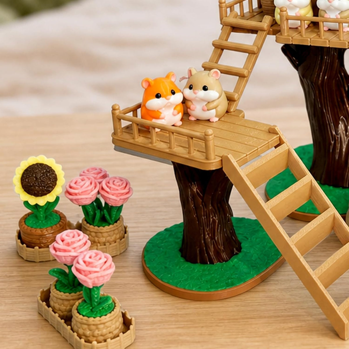 3D Printed Animal Cute Hamster House Scene Set with Cactus Rose Sunflower Tree, DIY Assembly Miniature Model for Desk Decoration, Home Accent, Gift Bag Filler, Tabletop Ornament