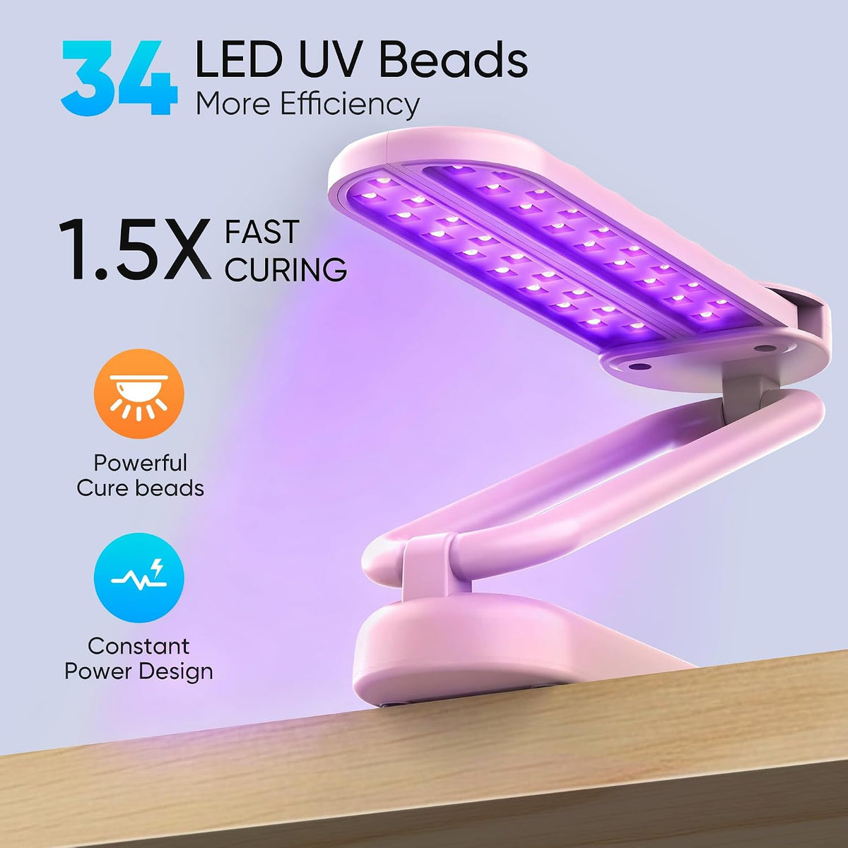 PPESULK 34 LEDs Cordless UV Light for Resin, Fast Curing Foldable UV Resin Lamp with LCD Timer Display, Rechargeable 3000mAh UV Lamp for Jewelry Making, Resin Molds & DIY Resin Crafts (Pink)
