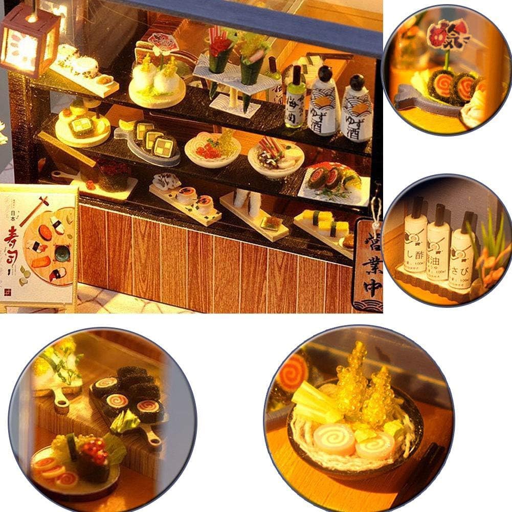 DIY Miniature House Kit with LED Light Japanese Style Sushi Shop Wooden Dollhouse Mini House kit Ideal Gifts for Birthday