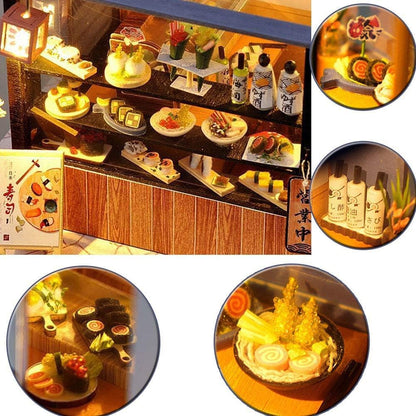DIY Miniature House Kit with LED Light Japanese Style Sushi Shop Wooden Dollhouse Mini House kit Ideal Gifts for Birthday
