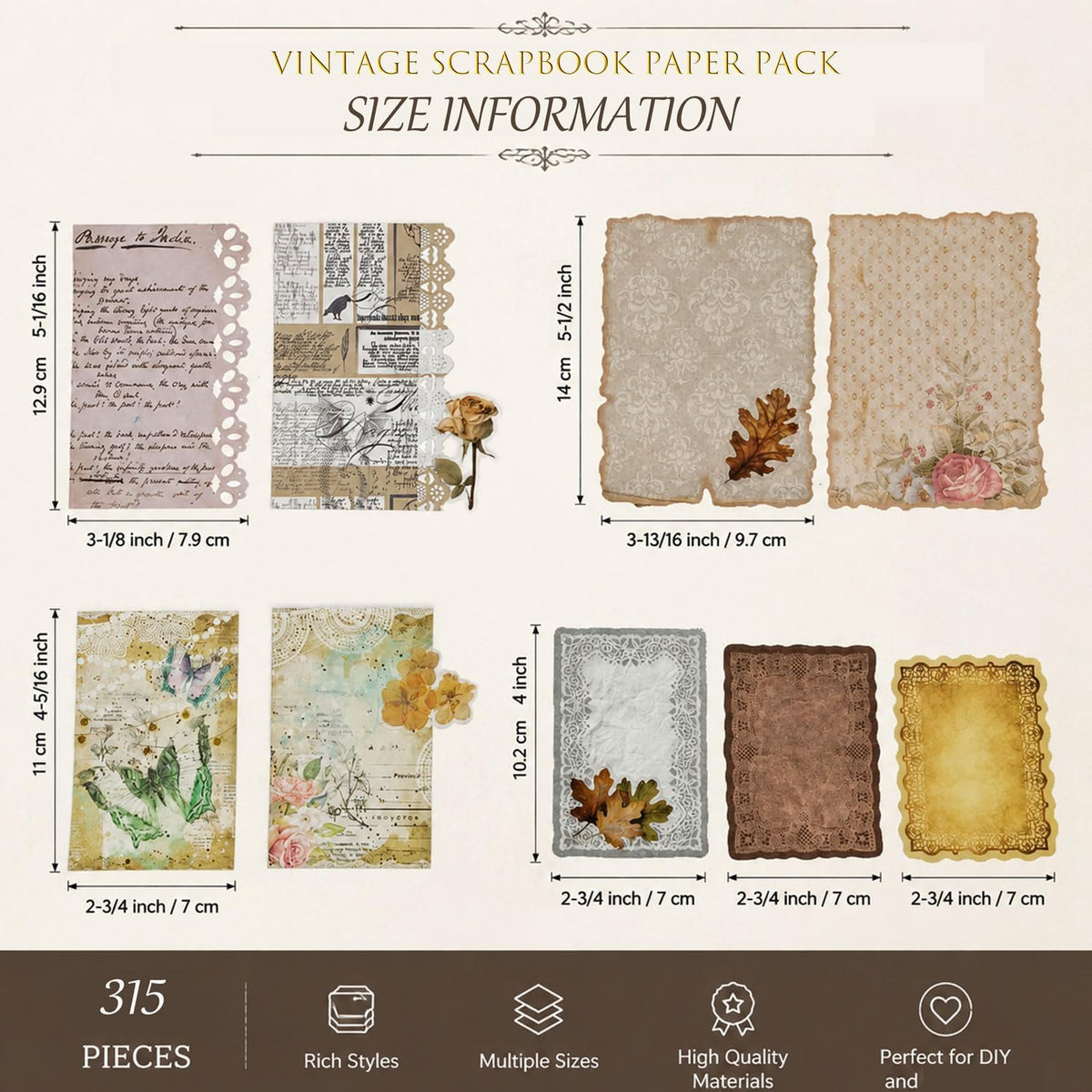 315 Sheets Vintage Scrapbook Supplies Paper Pack with Floral PET Stickers