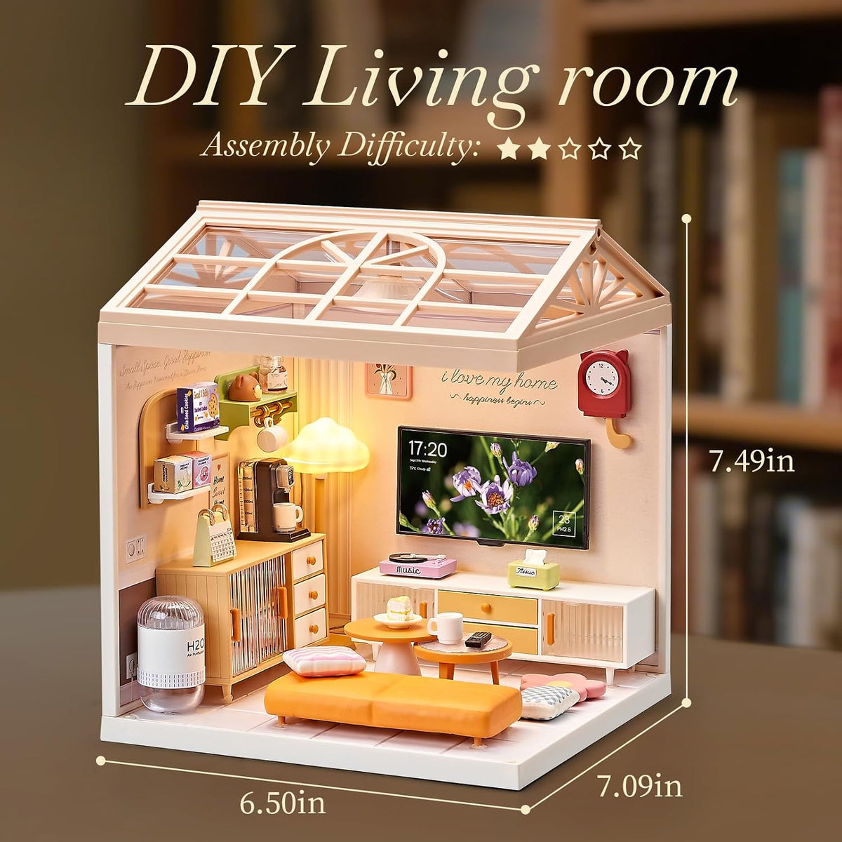Miniature Living Room DIY Kit, 92Pcs 1:24 Scale Dollhouse with LED
