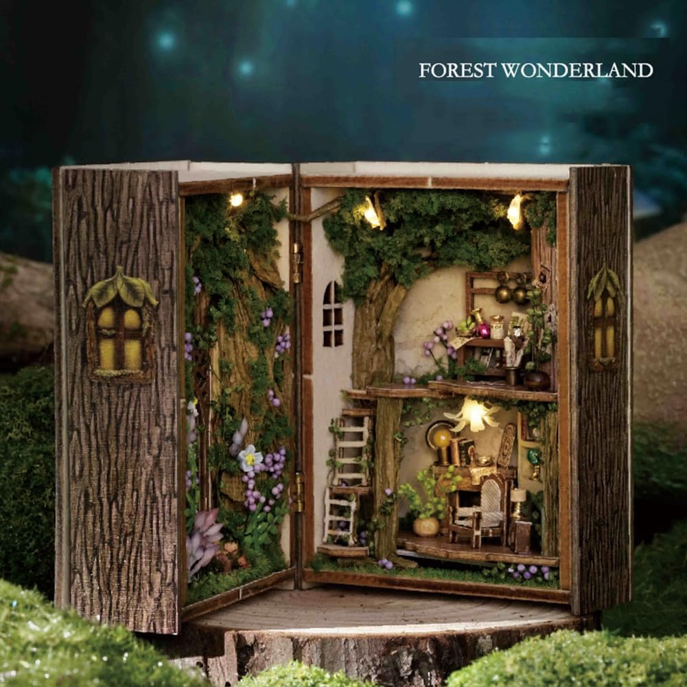 Mini 3D Wooden Doll House Craft Model with LED,DIY Miniature and Furniture Dollhouse Kit,Creative Room Idea for Valentine's Day Birthday Gift (Forest Wonderland)