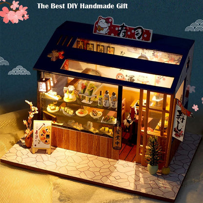 DIY Miniature House Kit with LED Light Japanese Style Sushi Shop Wooden Dollhouse Mini House kit Ideal Gifts for Birthday