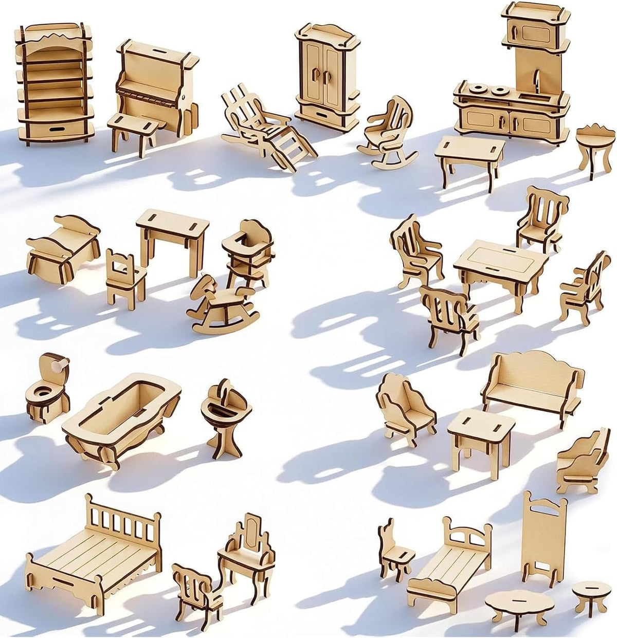 LOVEINUSA 34PCS Wooden Dollhouse Furniture Set, 1:20 Scale