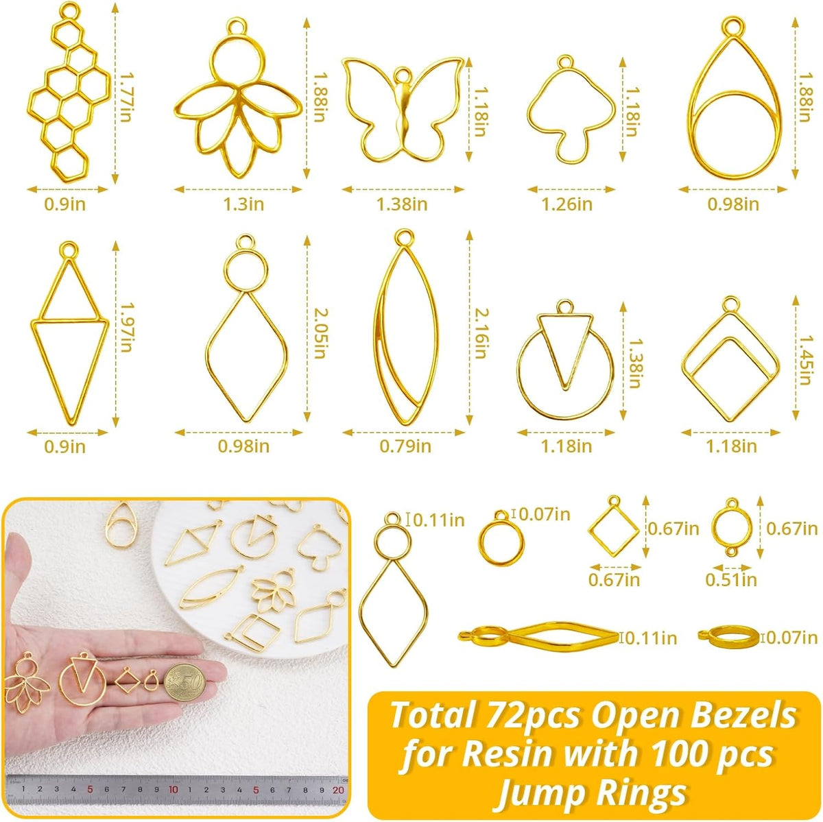 LET'S RESIN 172PCS Open Bezels for Resin, Gold Hollow Frame Pendants Bezels