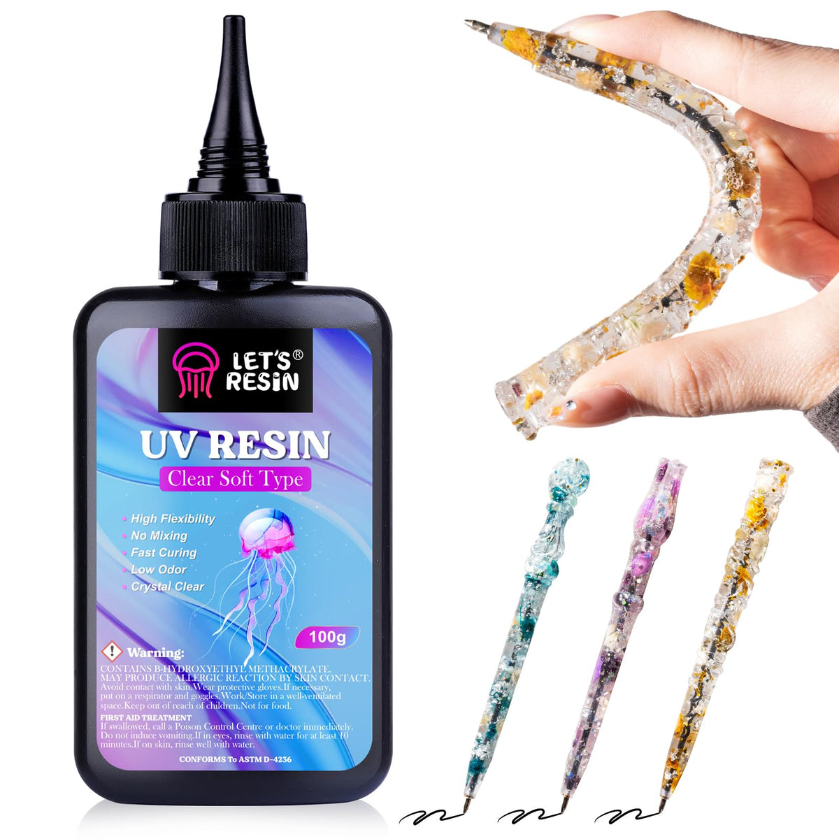 LET'S RESIN UV Resin, Soft Elastic&Bendable Crystal Clear Resin, 100g