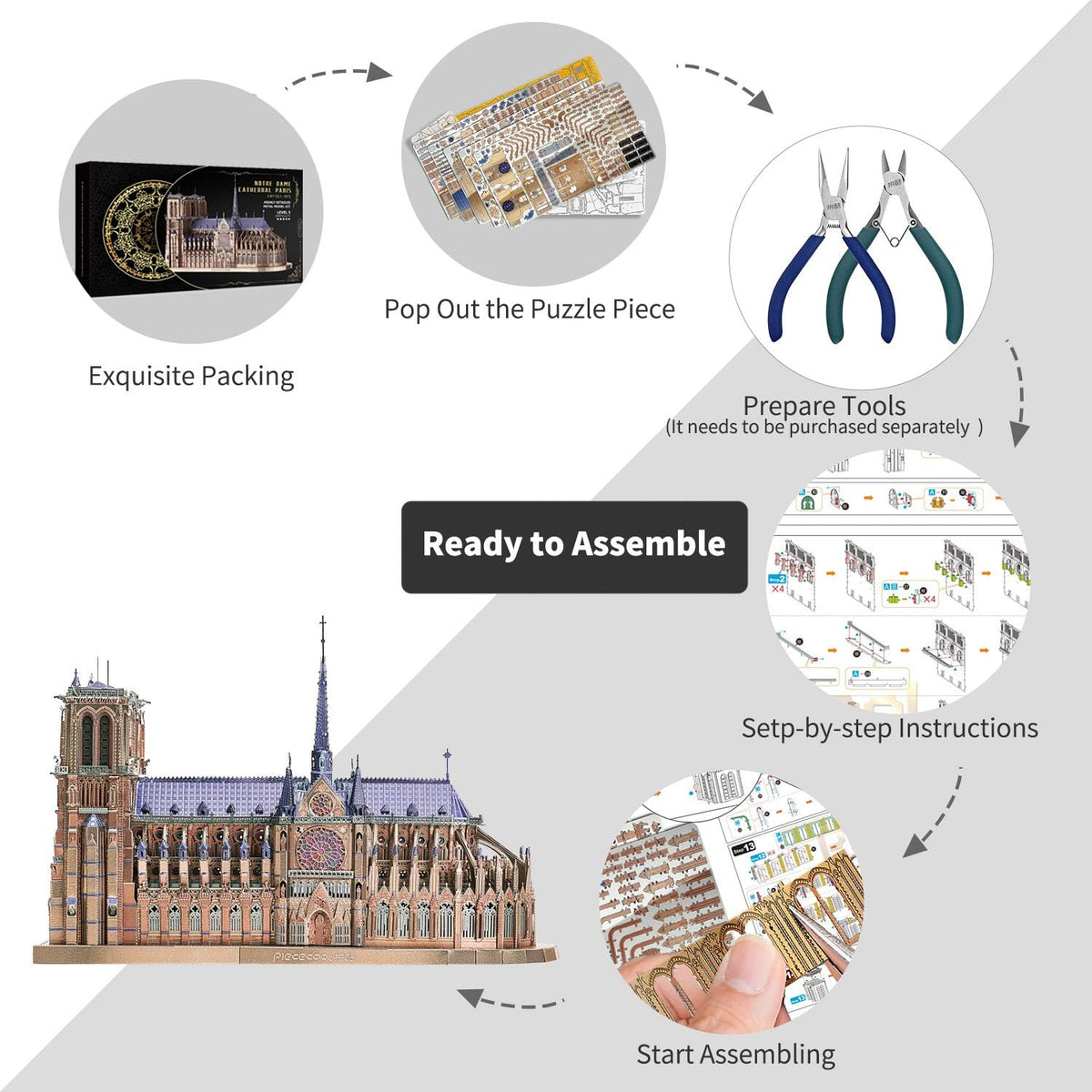 Piececool 3D Metal Puzzles for Adults and Teens, Notre Dame De Paris Church Metal Model Kit, Challenge French Cathedral Brain Teaser Architecture Building Blocks Puzzle, 382 Pcs