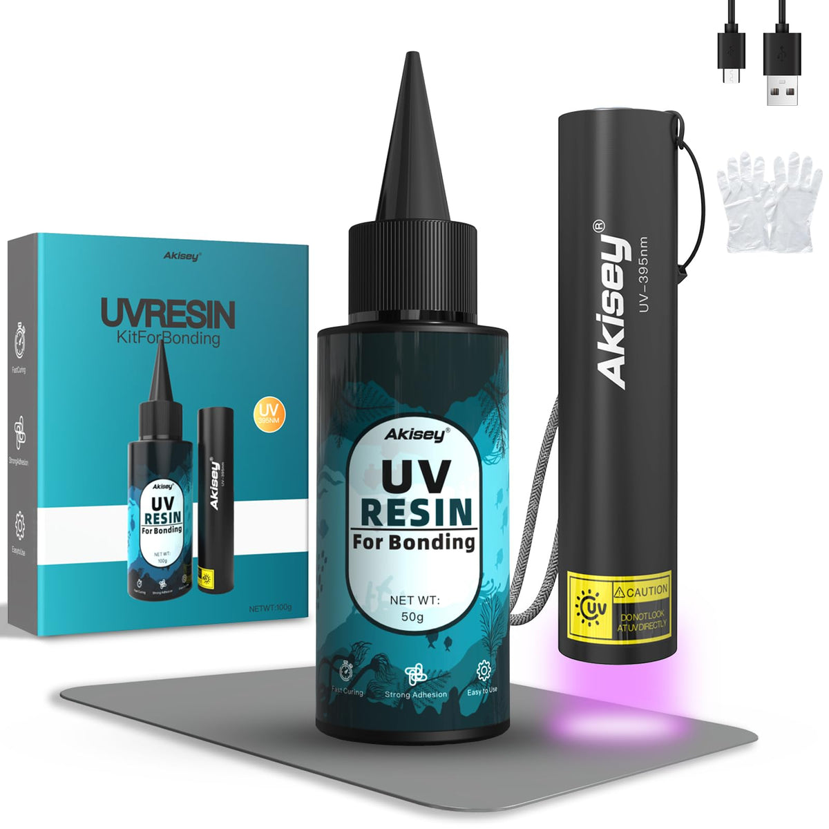 Akisey 50g UV Resin Kit with Light for Bonding & Fast Curing in Seconds