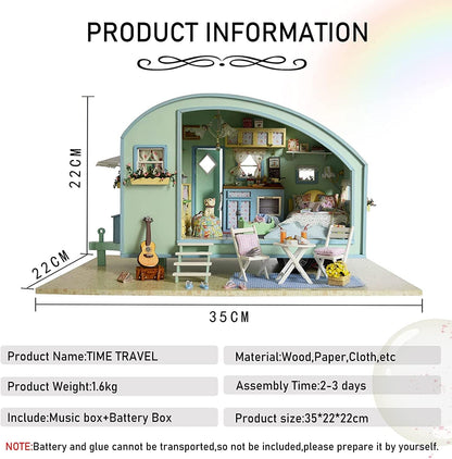 CUTEROOM DIY Miniature Wooden Caravan Dollhouse Kit with Furniture