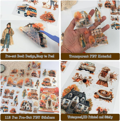 Fall Landscape Pre-Cut Autumn Journal Sticker Book, Transparent PET Watercolor Scrapbook Stickers for Junk Journaling Supplies, Scrapbooking, Collage, Bujo, 20 Sheets