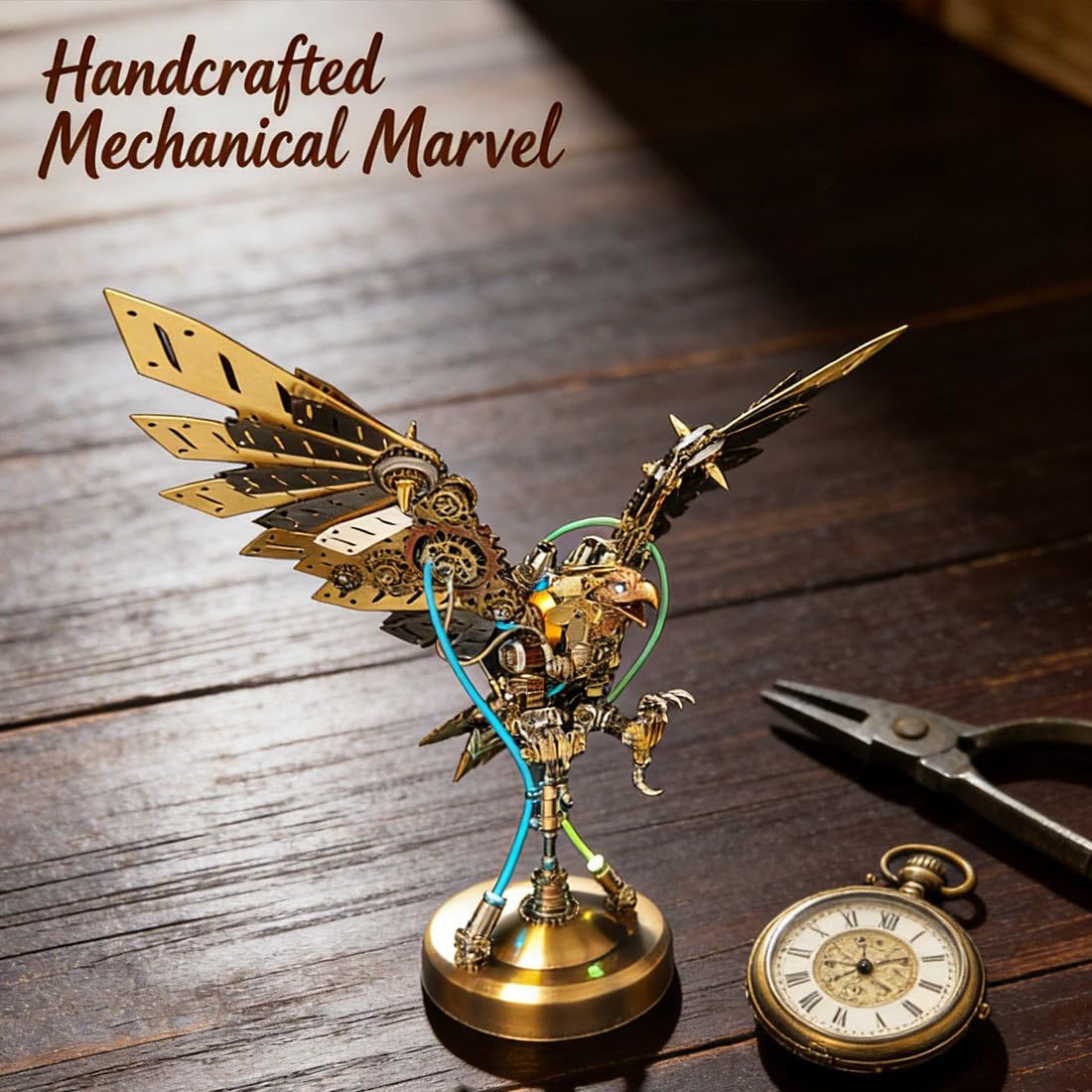 3D Metal Puzzle Model for Adults, Steampunk Mechanical Eagle Model Kit with LED Lights, Metal Animal Models, 3D Jigsaw Assembly Kit, Mechanical Engineering Crafts for Home Office Decor & Gift, 650PCS