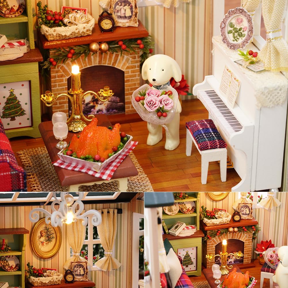TuKIIE DIY Miniature Dollhouse Kit, 1:24 Scale Wooden Mini Doll House Accessories with Furniture for Kids Teens Adults(Holiday Times)