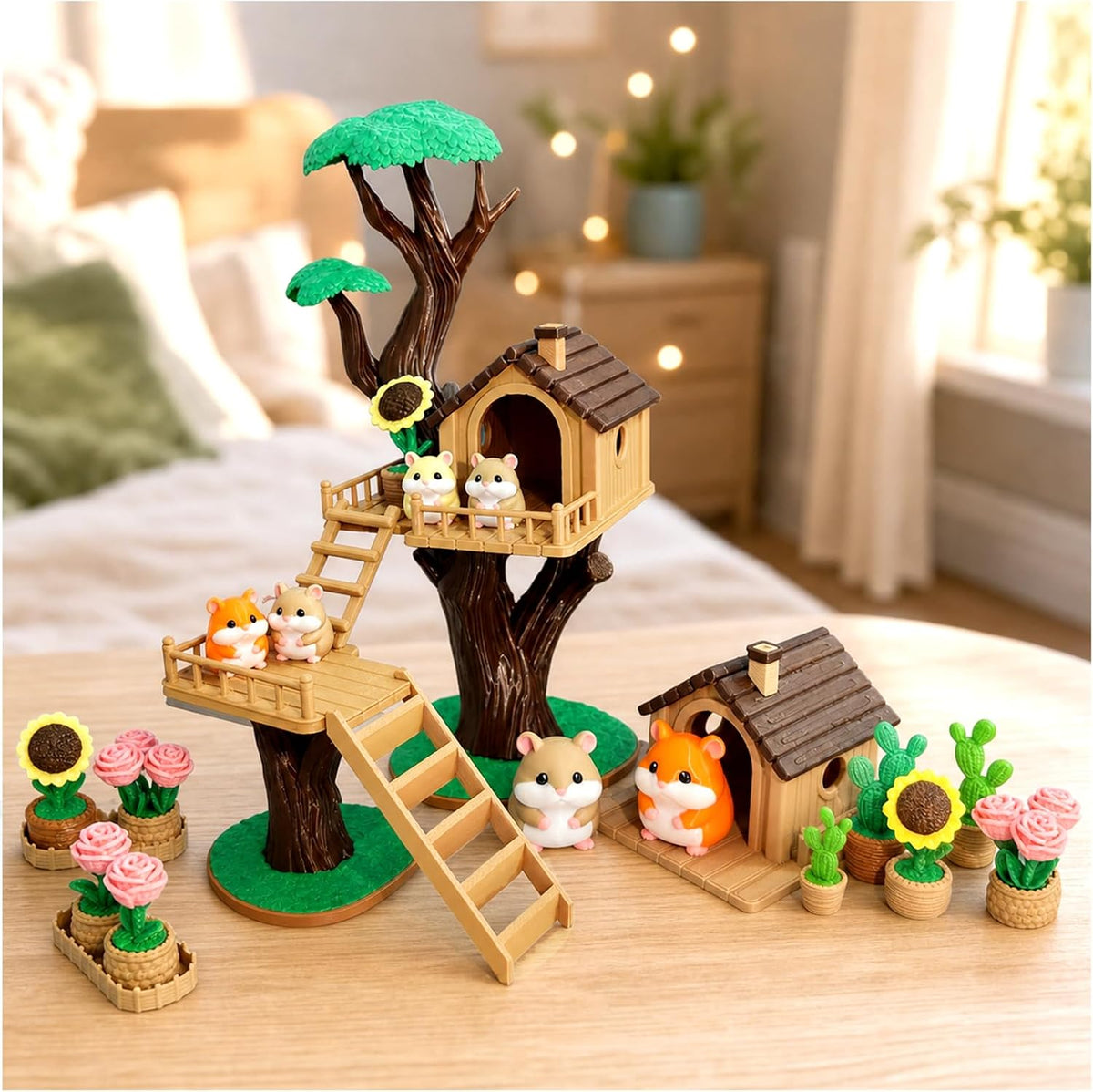 3D Printed Animal Cute Hamster House Scene Set with Cactus Rose Sunflower Tree, DIY Assembly Miniature Model for Desk Decoration, Home Accent, Gift Bag Filler, Tabletop Ornament