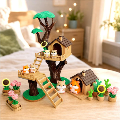 3D Printed Animal Cute Hamster House Scene Set with Cactus Rose Sunflower Tree, DIY Assembly Miniature Model for Desk Decoration, Home Accent, Gift Bag Filler, Tabletop Ornament