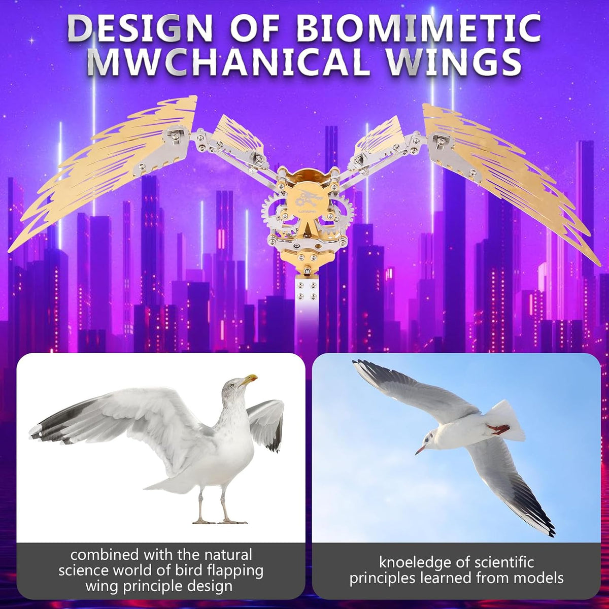 Flying Wings 3D Metal Puzzle Kit - Mechanical Biomimetic Wings with Micro Motor, DIY Kinetic Sculpture for Adults, Precision Electroplating Craftsmanship & Interactive STEM Model Gift（Red）
