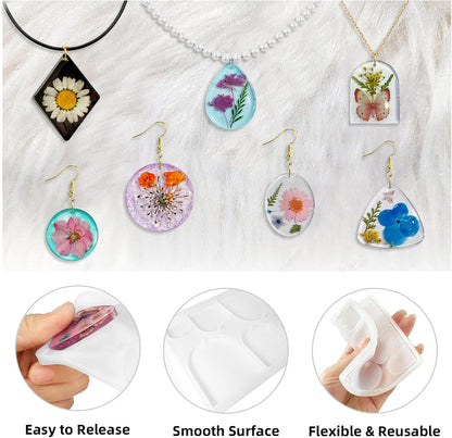 Roxjaejae 46 PCS Resin Earring Molds Silicone Kit, Resin Jewelry Making Kit with Built-in Holes for Earrings, Necklace, Pendants, Keychains