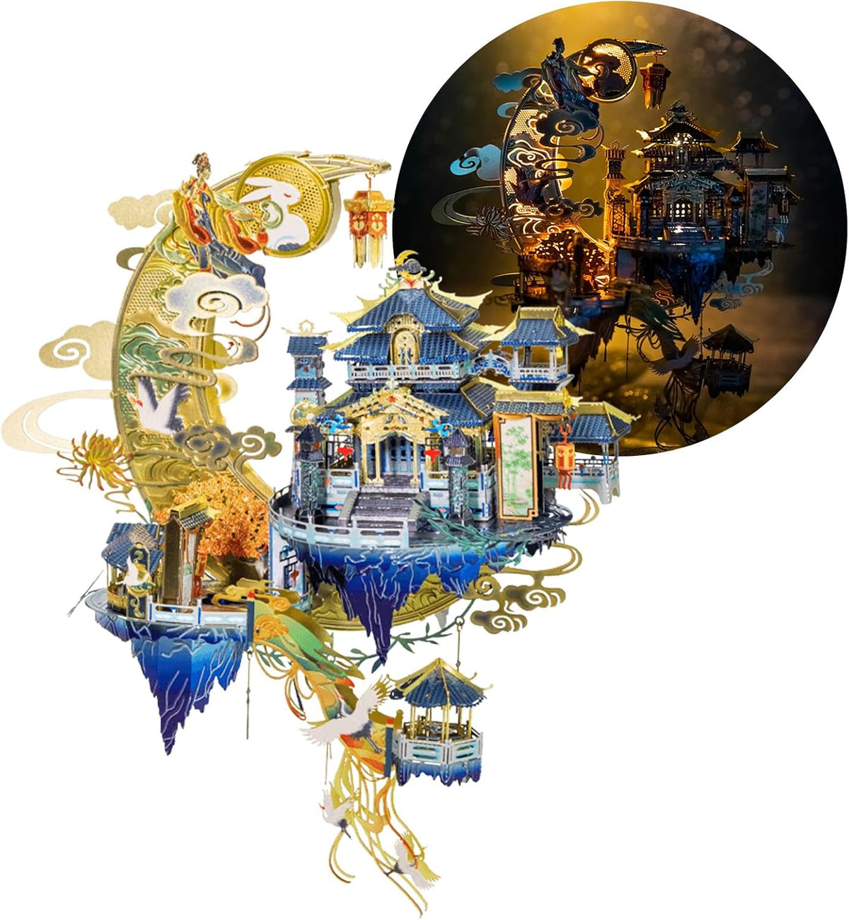 MU Moon Palace 3D Metal Puzzles for Adult to Build Assembling with Lighting Holder, Floating Building Craft Kit Mythical Island Model DIY Sets Metal Model Kits Building, Birthday Gift Home Desk Decor