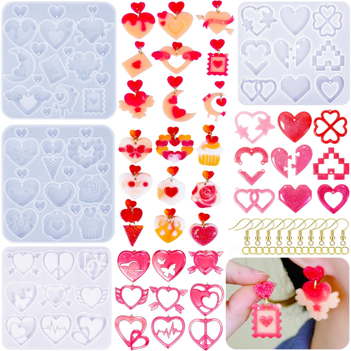 4 Pack Heart Resin Earring Mold Love Heart Star Shape Earring Silicone Molds for Mother's Day UV Casting Epoxy Silicone Molds Jewelry Earring Making Kit with 200 Earring Hook for DIY Crafts Keychains