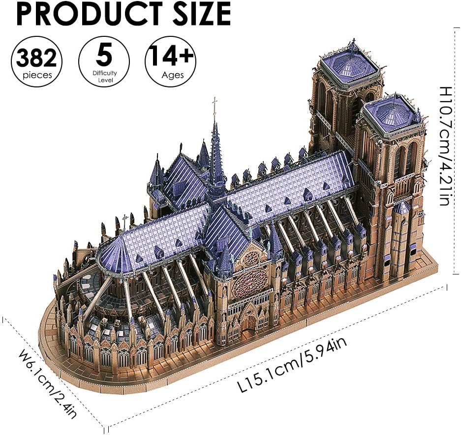 Piececool 3D Metal Puzzles for Adults and Teens, Notre Dame De Paris Church Metal Model Kit, Challenge French Cathedral Brain Teaser Architecture Building Blocks Puzzle, 382 Pcs
