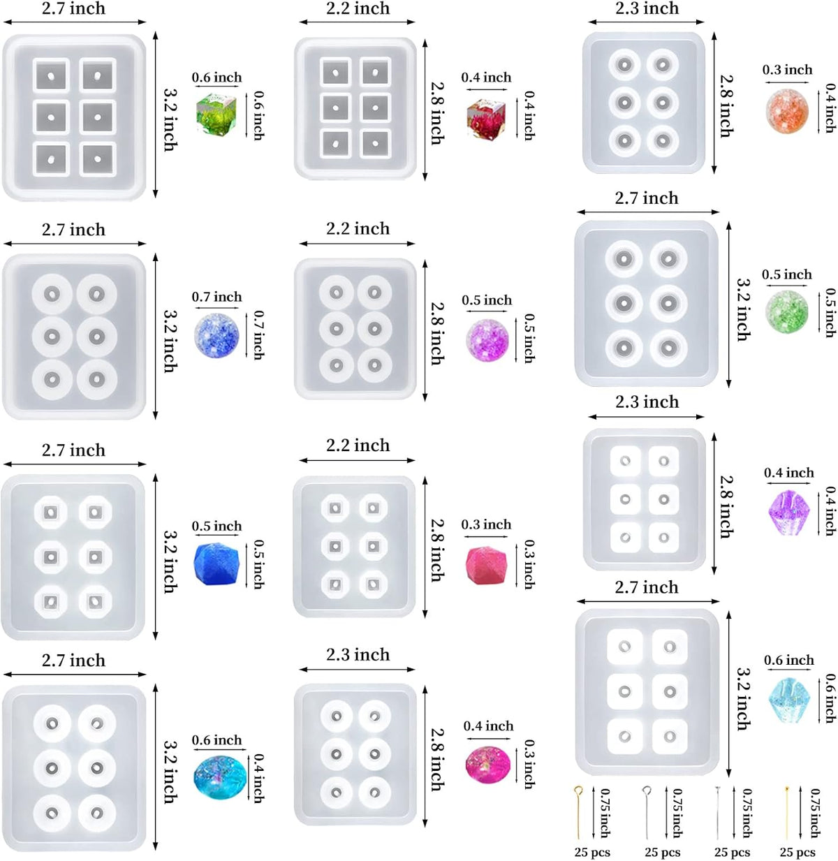 Suhome Resin Bead Molds for Jewelry 12 PCS Resin Molds Silicone with Hole Cabochon Gem Jewelry Making Epoxy Resin Molds for Earrings, Pendants,Bracelets and Necklaces