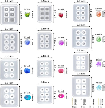 Suhome Resin Bead Molds for Jewelry 12 PCS Resin Molds Silicone with Hole Cabochon Gem Jewelry Making Epoxy Resin Molds for Earrings, Pendants,Bracelets and Necklaces