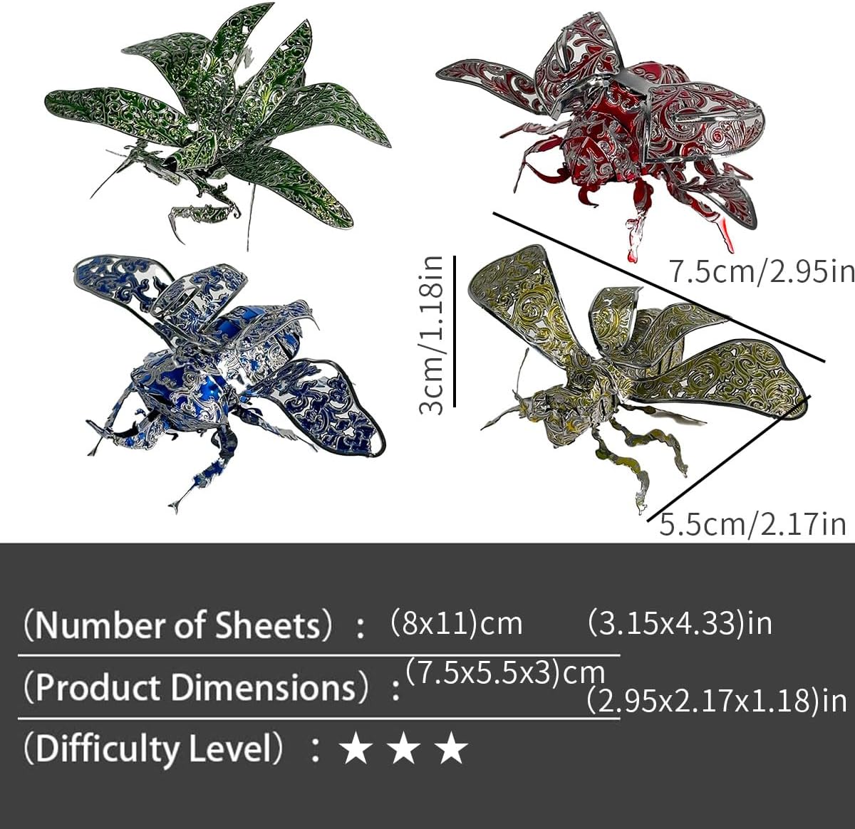 3D Puzzles for Adults, 3D Metal Puzzle Model Kit, Insect Collection with 4 Designs, Advanced Difficulty, DIY Assembly Required, colorfor