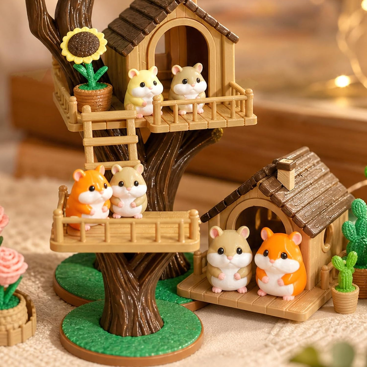 3D Printed Animal Cute Hamster House Scene Set with Cactus Rose Sunflower Tree, DIY Assembly Miniature Model for Desk Decoration, Home Accent, Gift Bag Filler, Tabletop Ornament