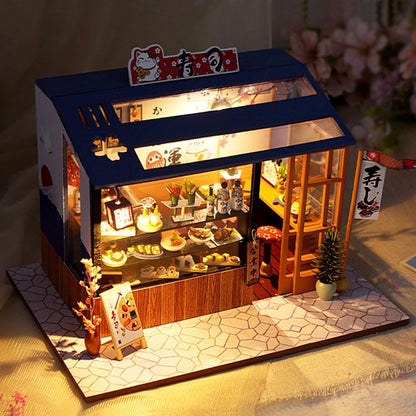 DIY Miniature House Kit with LED Light Japanese Style Sushi Shop Wooden Dollhouse Mini House kit Ideal Gifts for Birthday