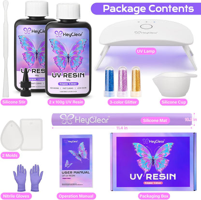 HeyClear UV Resin Kit with Light, Molds 200g Clear UV Epoxy Cure for Crafts