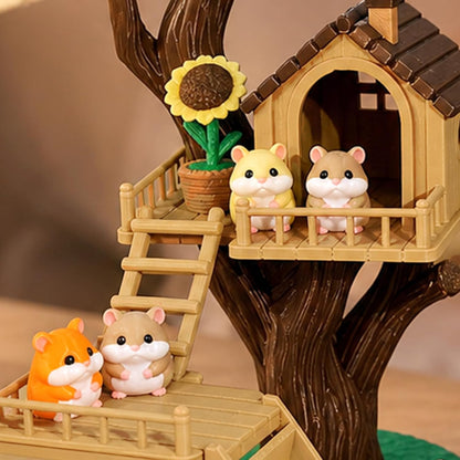 3D Printed Animal Cute Hamster House Scene Set with Cactus Rose Sunflower Tree, DIY Assembly Miniature Model for Desk Decoration, Home Accent, Gift Bag Filler, Tabletop Ornament