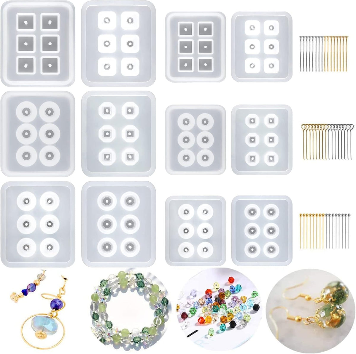 Suhome Resin Bead Molds for Jewelry 12 PCS Resin Molds Silicone with Hole Cabochon Gem Jewelry Making Epoxy Resin Molds for Earrings, Pendants,Bracelets and Necklaces