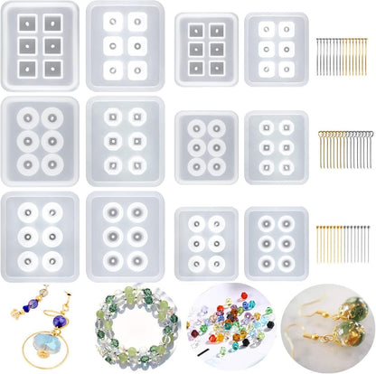Suhome Resin Bead Molds for Jewelry 12 PCS Resin Molds Silicone with Hole Cabochon Gem Jewelry Making Epoxy Resin Molds for Earrings, Pendants,Bracelets and Necklaces