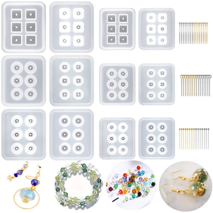 Suhome Resin Bead Molds for Jewelry 12 PCS Resin Molds Silicone with Hole Cabochon Gem Jewelry Making Epoxy Resin Molds for Earrings, Pendants,Bracelets and Necklaces