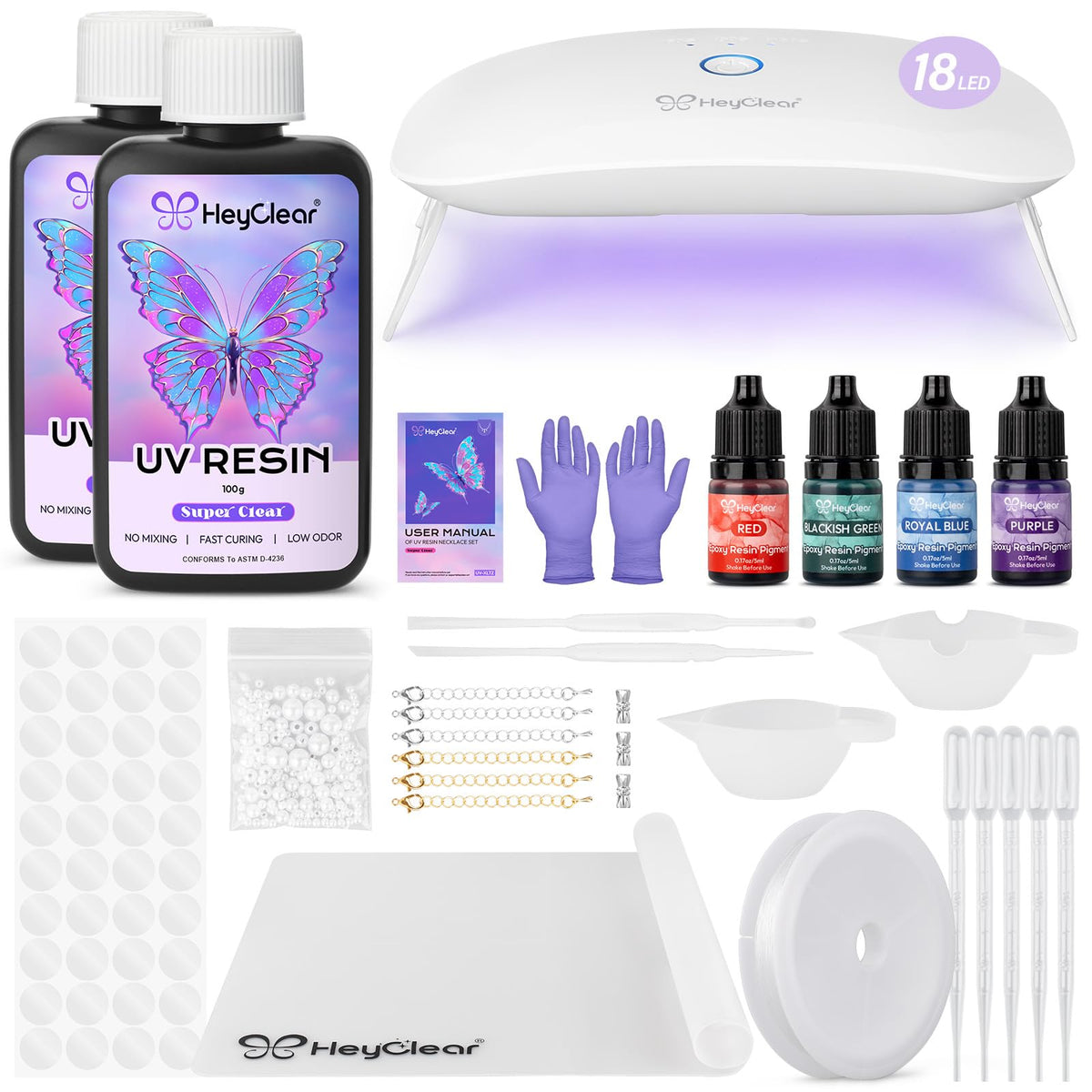HeyClear UV Resin Kit with Light, Molds 200g Clear UV Epoxy Cure for Crafts