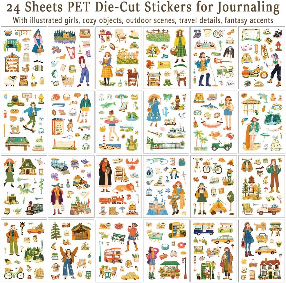 24 Sheets PET Die-Cut Stickers for Journaling, 6 Theme Packs
