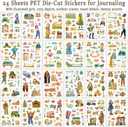 24 Sheets PET Die-Cut Stickers for Journaling, 6 Theme Packs