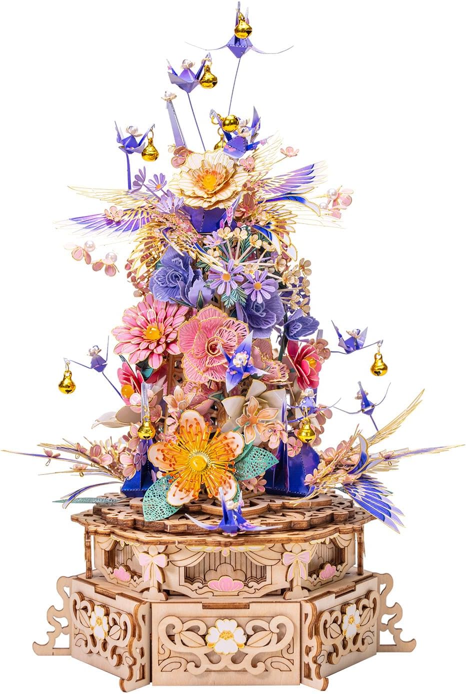 MU 3D Metal Puzzles for Adults Feast of Flower, 3D Wooden Puzzles Metal Model Kit Building Wood Flowers Kits DIY Craft Set with Music Box Lighting, Birthday Hobby Gift Home Desk Decor