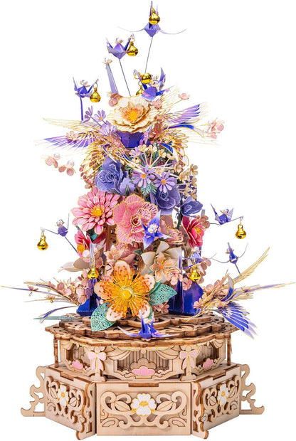 MU 3D Metal Puzzles for Adults Feast of Flower, 3D Wooden Puzzles Metal Model Kit Building Wood Flowers Kits DIY Craft Set with Music Box Lighting, Birthday Hobby Gift Home Desk Decor