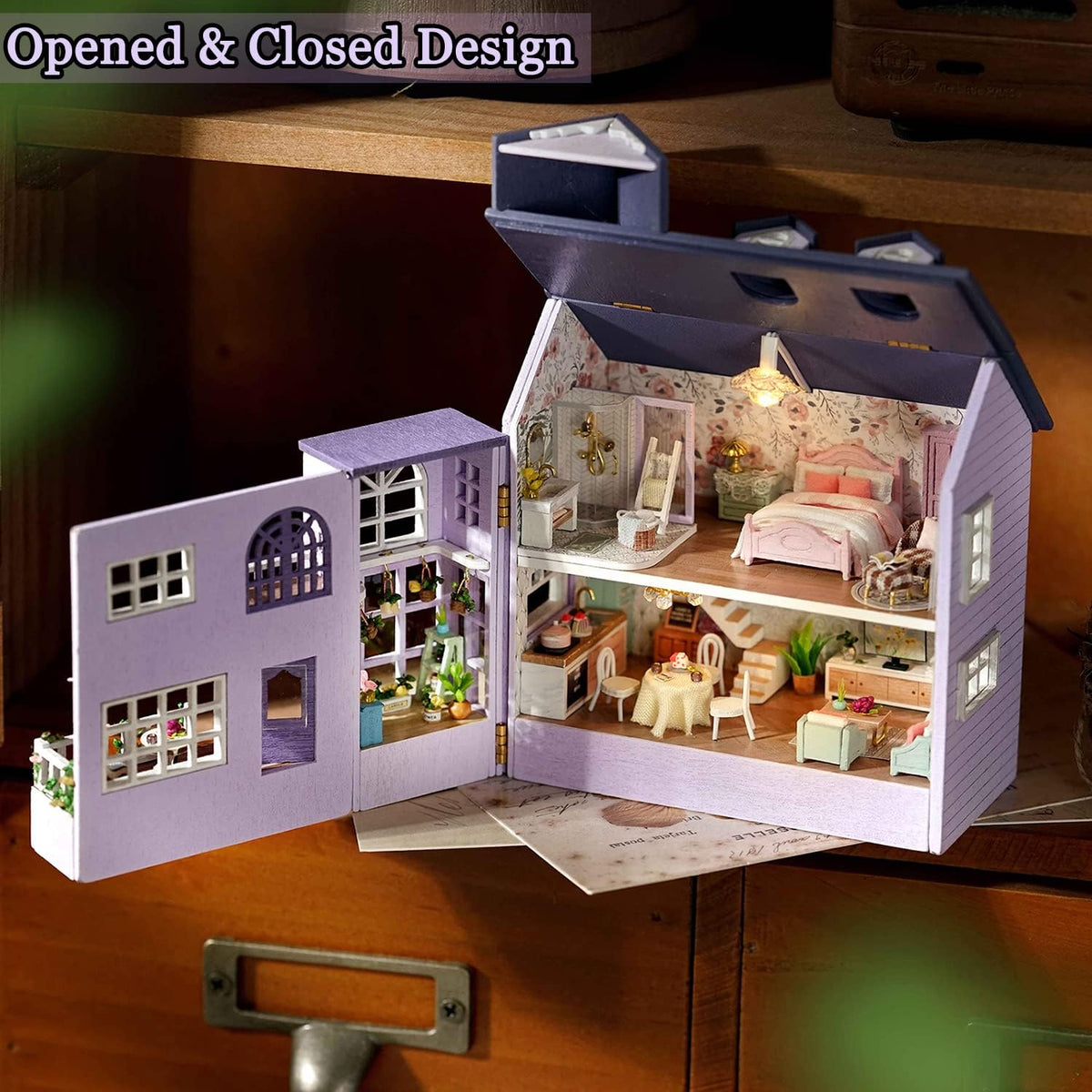 DIY Miniature House Kit with Furniture, Opened & Closed Mini Dollhouse