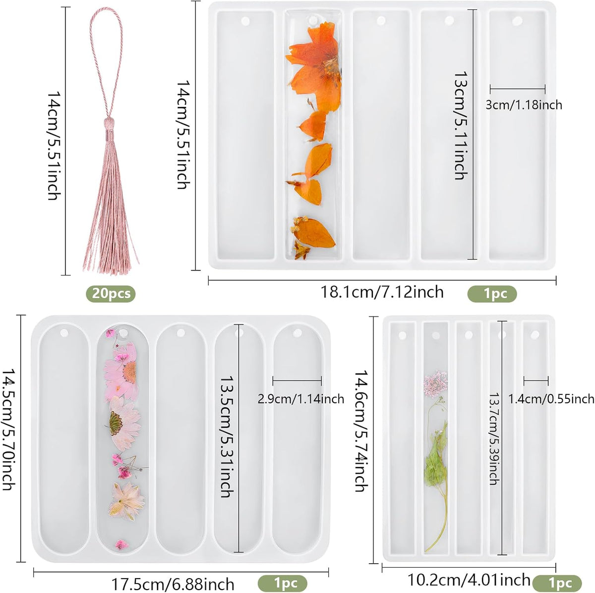 3Pcs Shiny Bookmarks Silicone Molds Set with 20Pcs Tassels