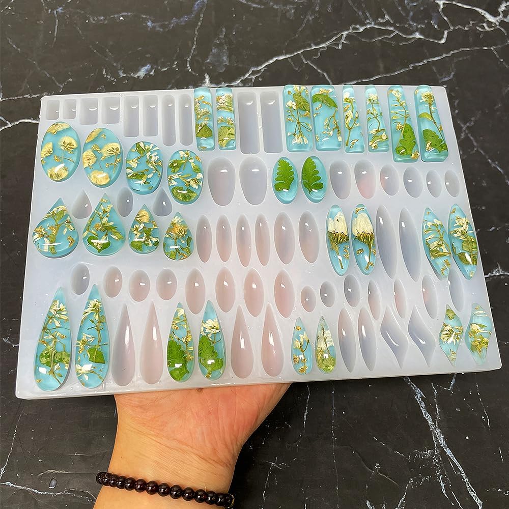 RESINWORLD Stud Earrings Silicone Mold with 41 Paired Shapes, Rectangle Teardrop Dangle UV Resin Mold, Cabochon Jewelry Making Casting Mold